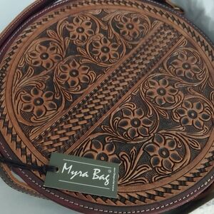 Myra Bag Brown Tooled Leather Round Crossbody